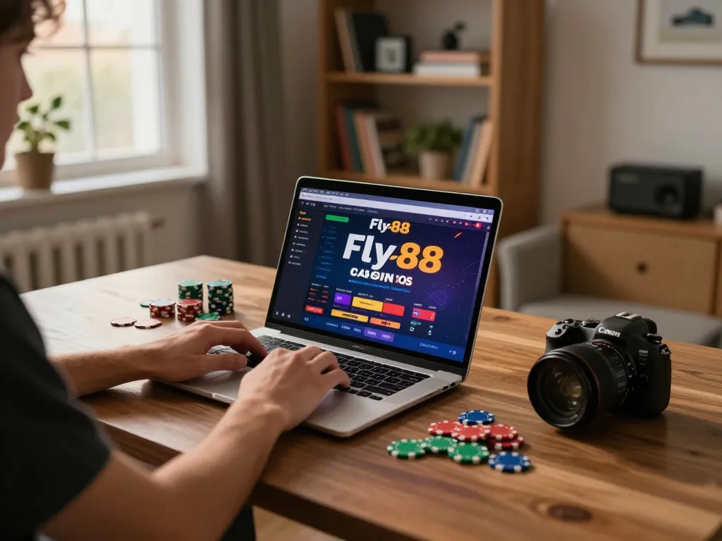 Player engaging with fly88 casino online, showcasing dynamic gaming experience at home.