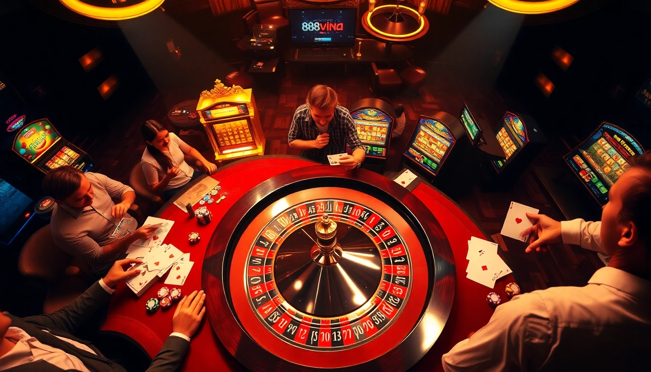 Exciting roulette action at https://888vina.com/ with vibrant lights and eager players.