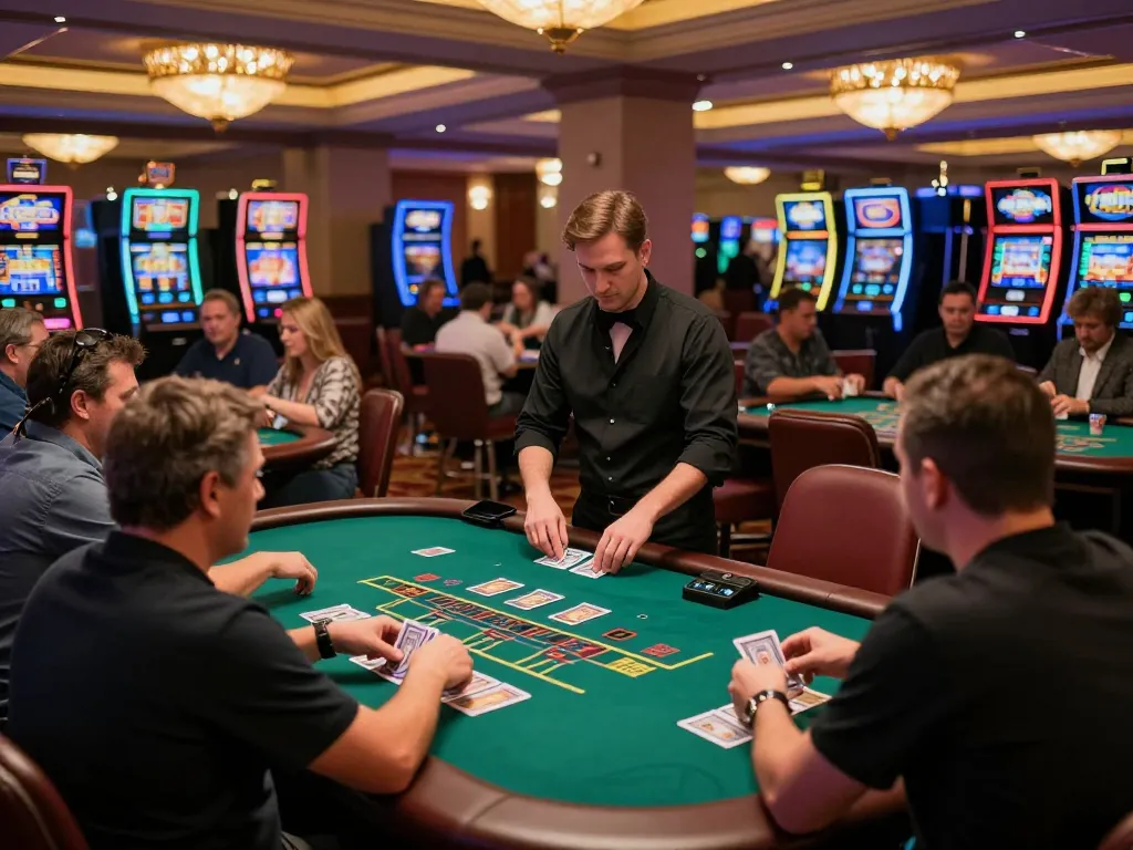 Players strategizing and betting at blackjack tables in a lively casino, highlighting the engaging experience of FC88
