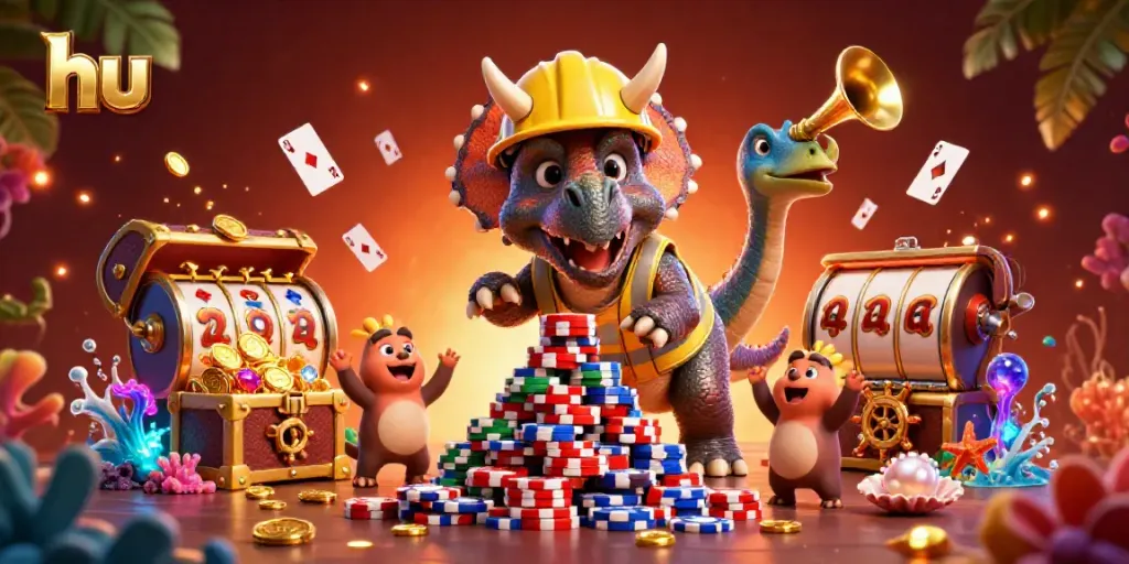 Engage with hu as a 3D triceratops builds a poker chips pyramid in a festive casino scene.