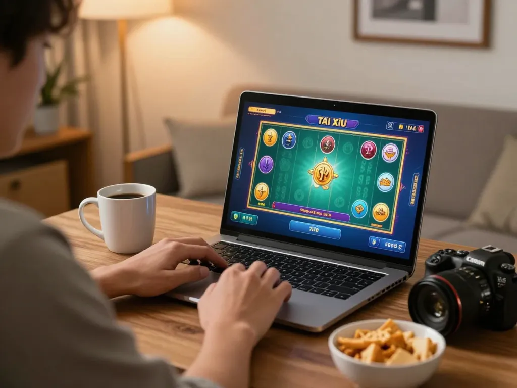Player enjoying Tài Xỉu online at home, engaged in strategic gameplay with vibrant graphics.