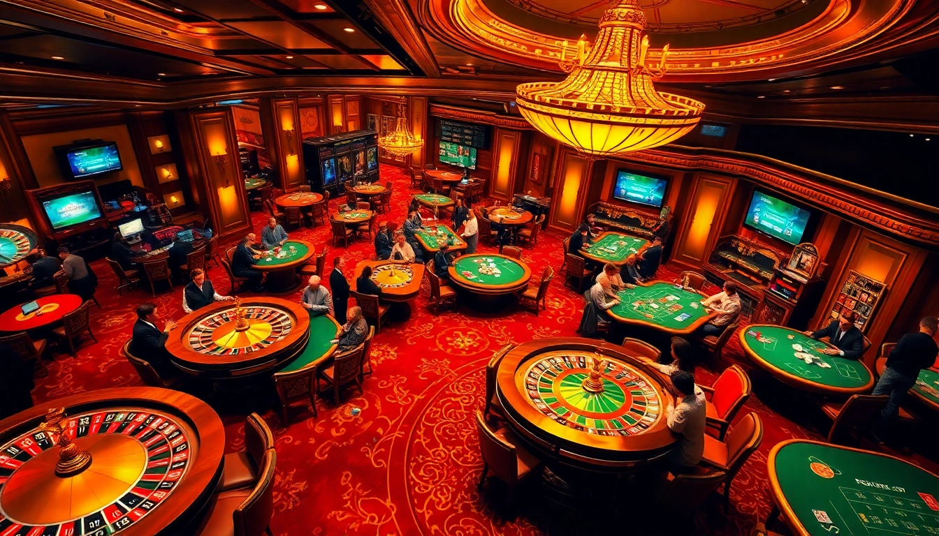 Experience thrilling gameplay at https://www.eejl33.com/ with diverse gamblers enjoying poker and roulette at luxury casino tables.