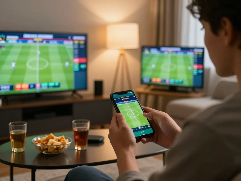 Placing live bets on keonhacai during a football match with smartphone and multiple screens.