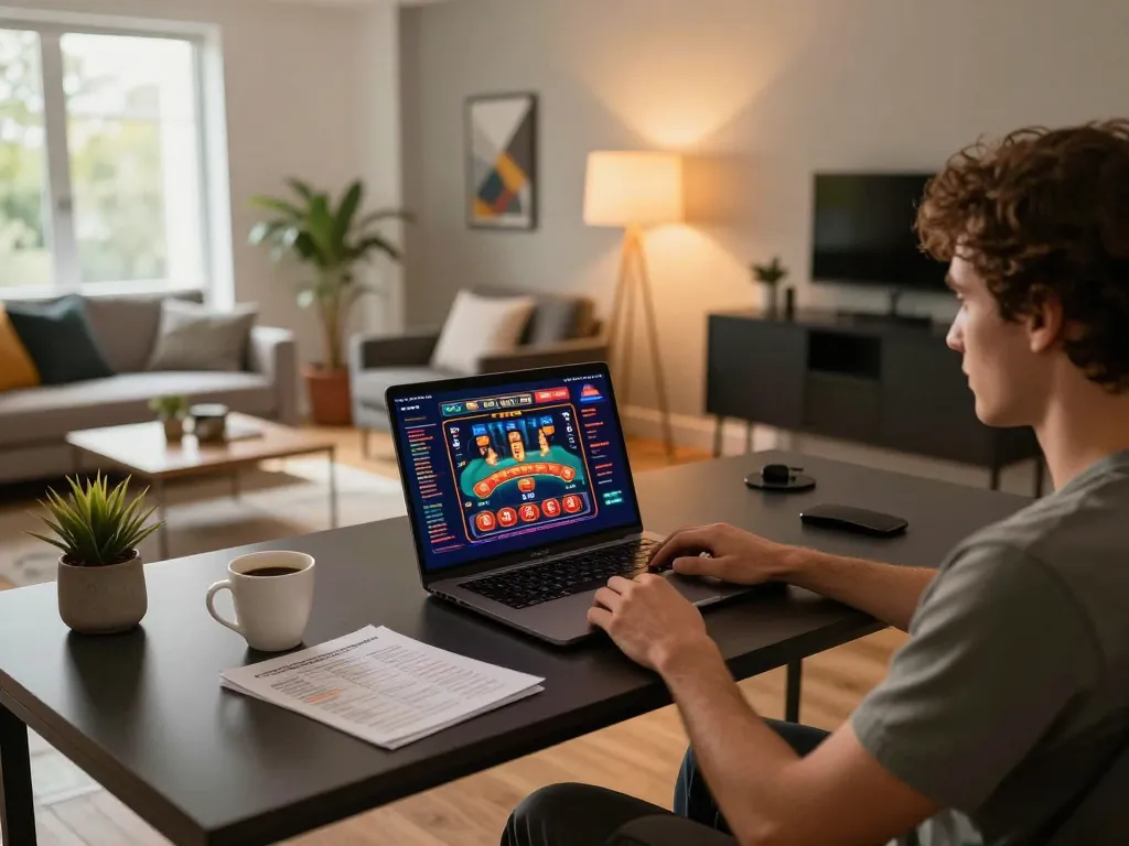 Player engaging with zumoapin online casino game from a stylish home setup, showcasing responsible gambling.