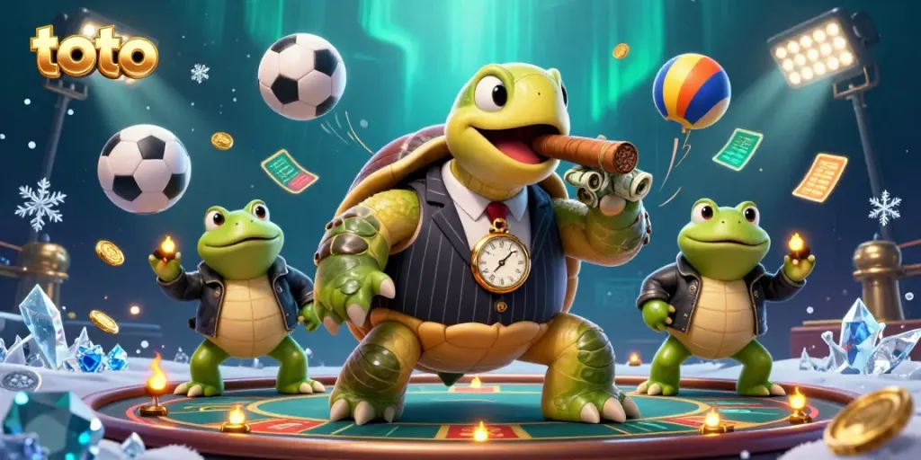 Experience the thrill of toto betting with a colorful illustration of a snapping turtle mobster surrounded by sports elements.