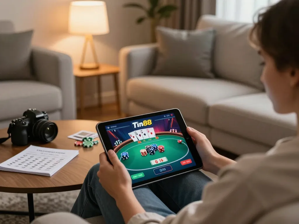 Engaging in online gambling on Tin88 with a tablet, showcasing strategic gameplay and cozy atmosphere.