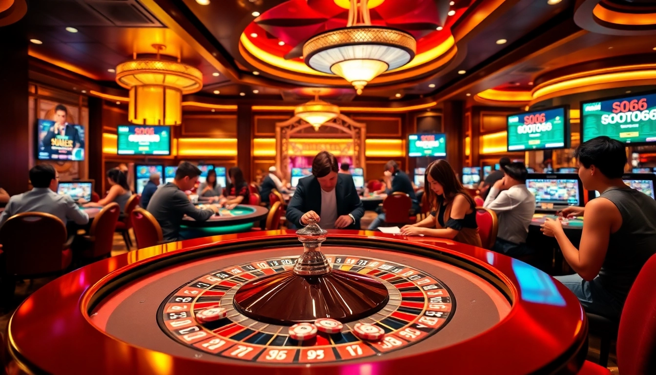 Players enjoying a thrilling game at SODO66 casino with vibrant poker chips and roulette tables.