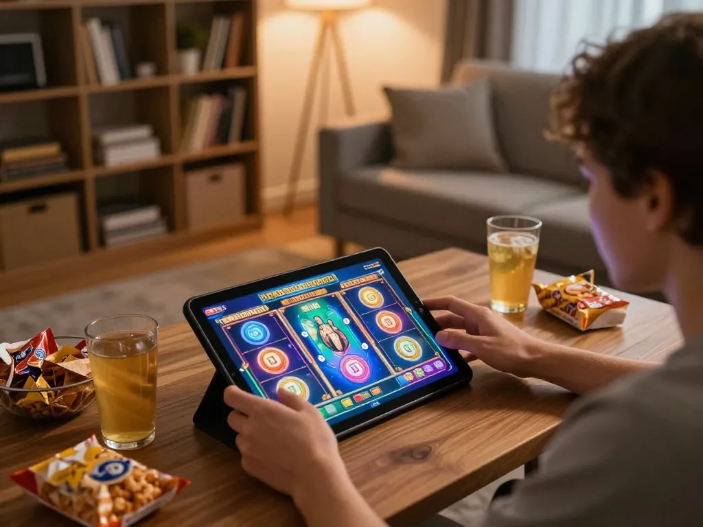 KONG88 player engaging in an online slot game at home, highlighting cozy gaming setup.