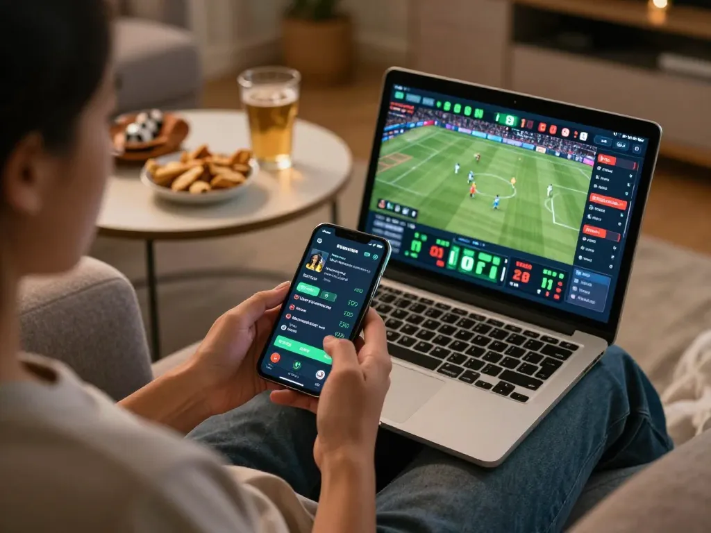 Engaging smartphone sports betting scene showcasing hit-club while placing live bets and enjoying snacks.