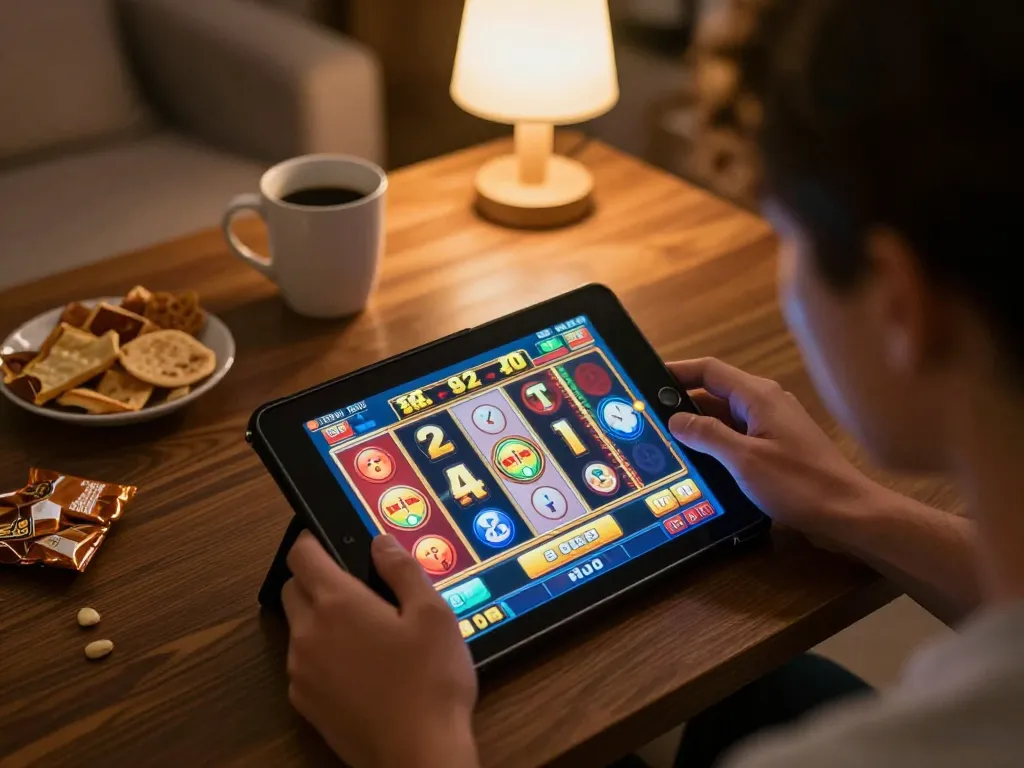 KUBET gaming experience at home, engaging with vibrant slot machine interface on tablet.
