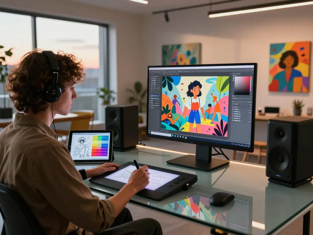 AI porn artist creating digital illustrations in a modern art studio.