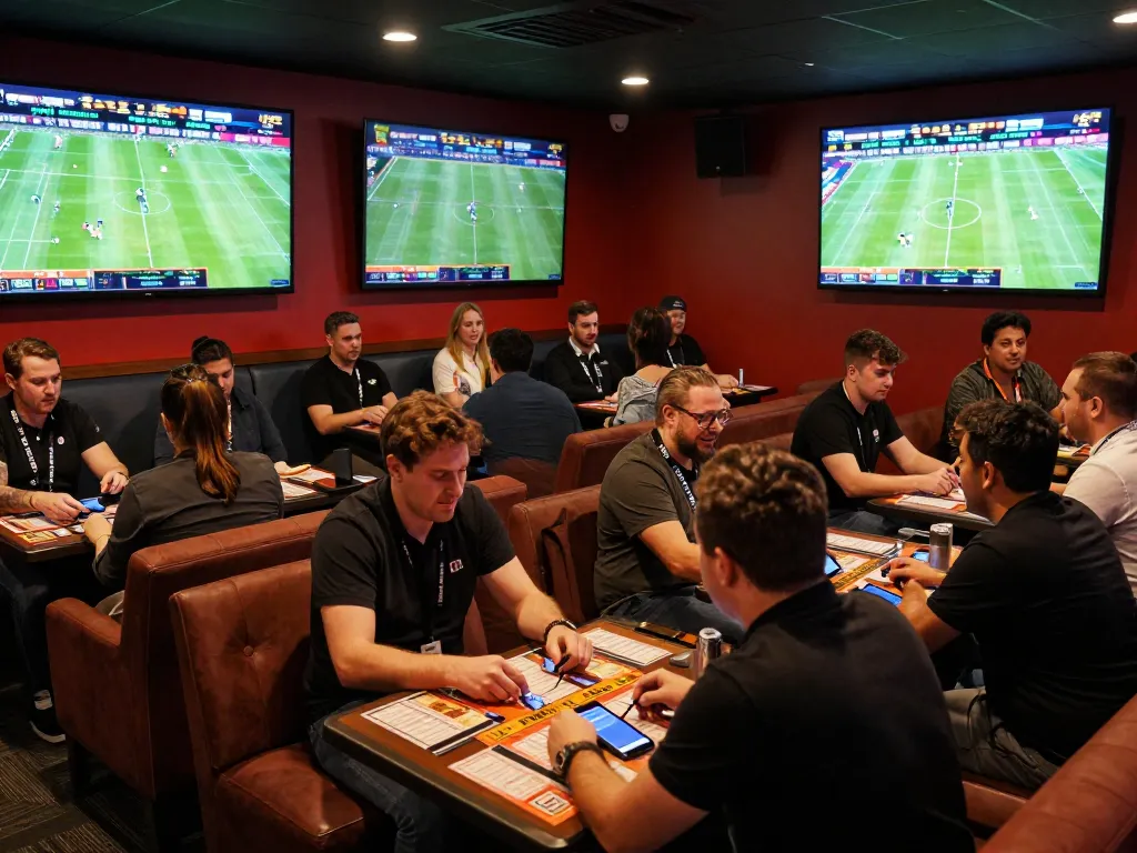 Engaging scene of sports bettors analyzing kết quả bóng đá and placing wagers in a vibrant lounge.