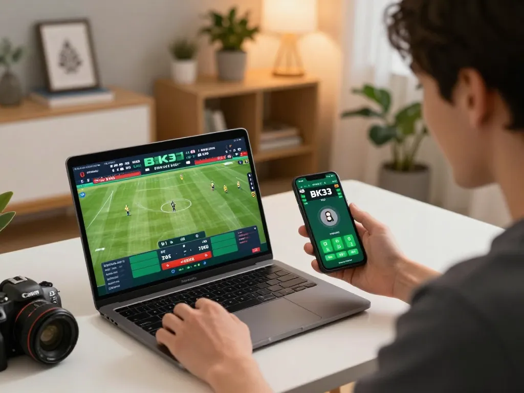 Engaged player using the BK33 app for thrilling sports betting from home