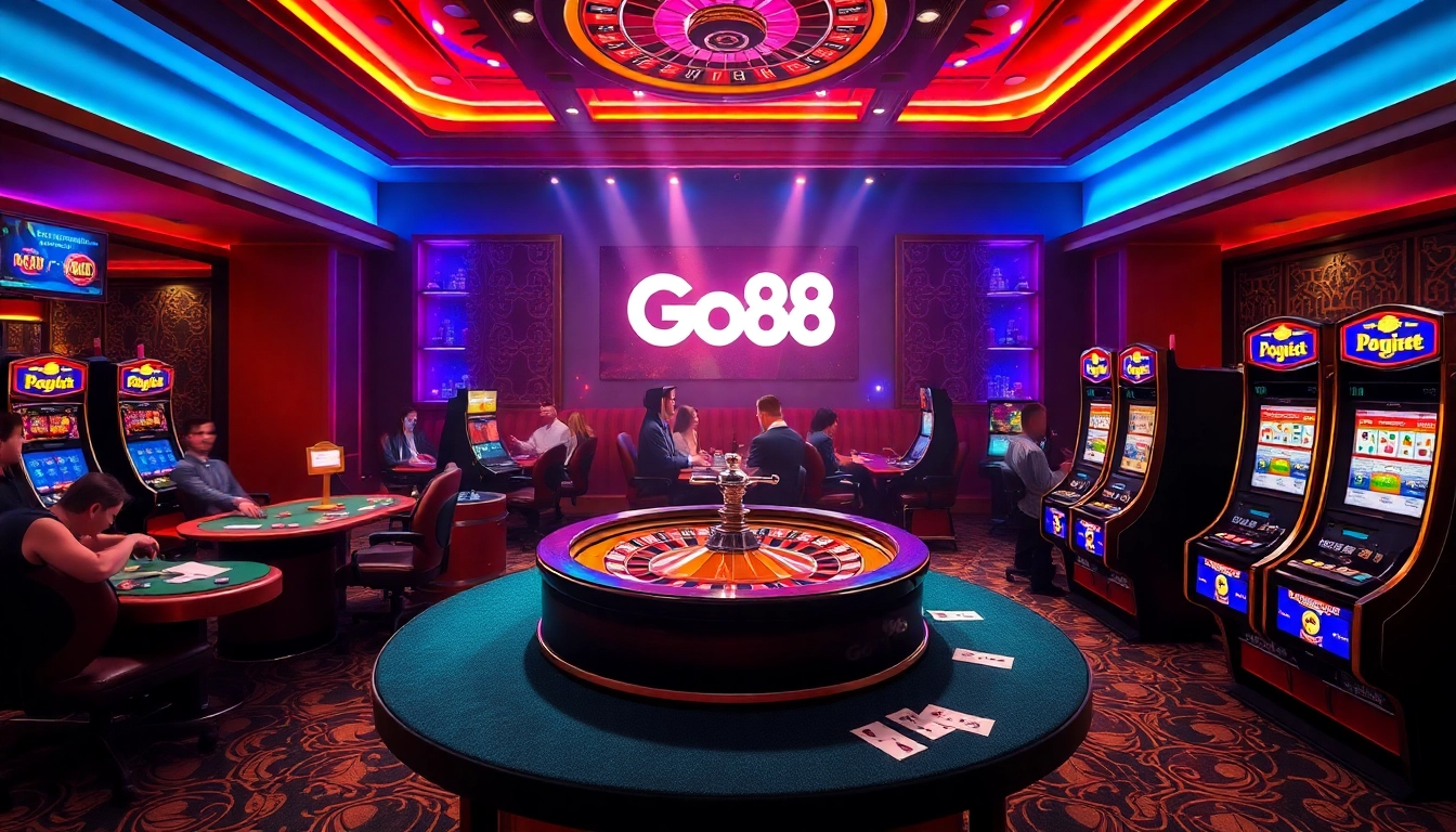 Experience the excitement of Go88 with players enjoying poker and slot games in a vibrant casino setting.