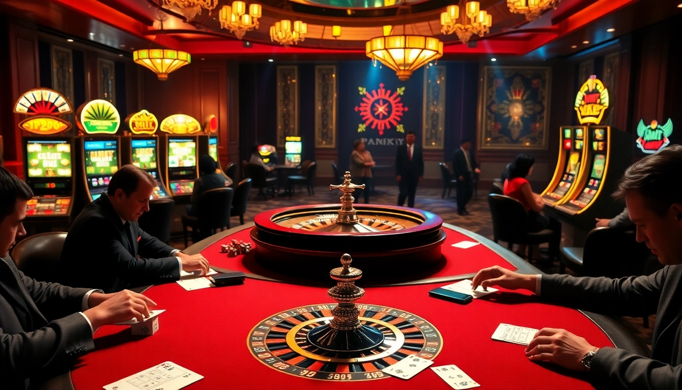 Exciting gameplay at https://98win9.bid/ showcasing a luxurious poker table with vibrant slot machines.