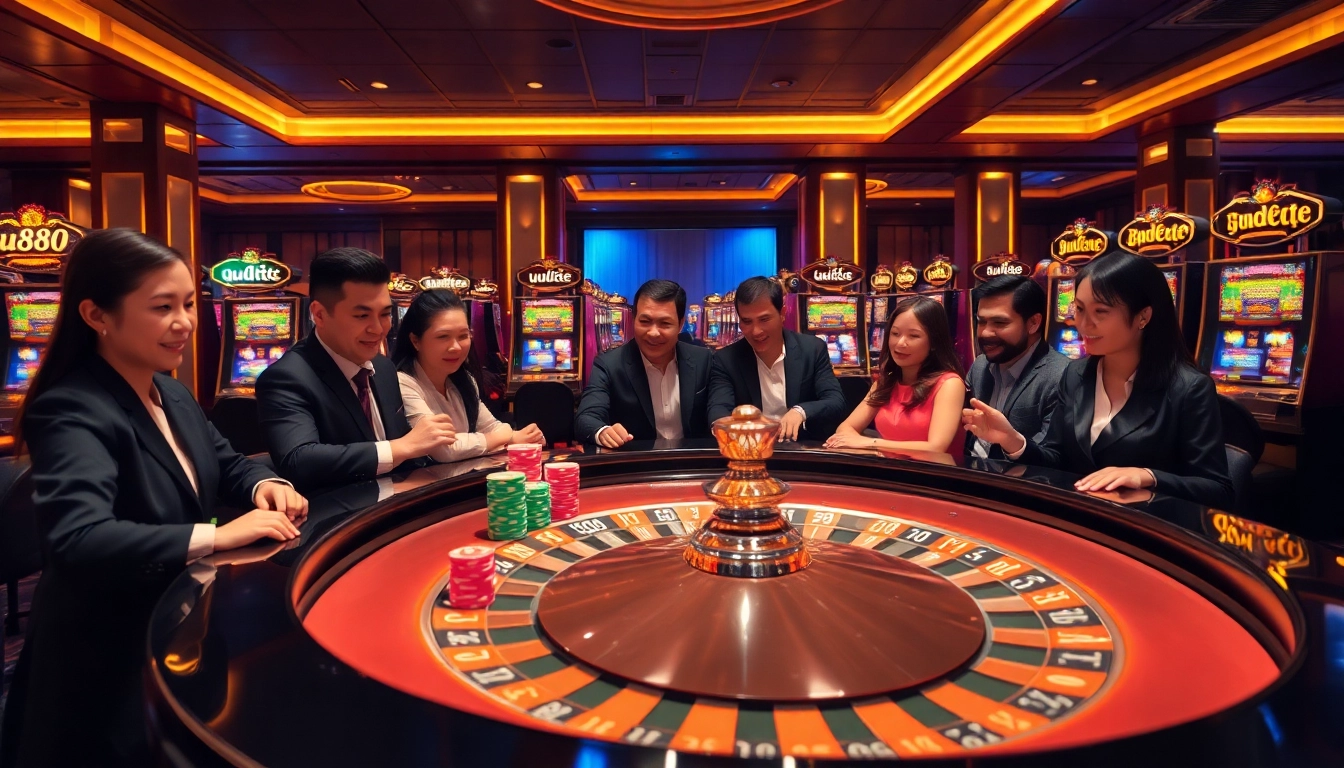 Players enjoying thrilling casino games at u888's luxurious online platform with roulette and slot machines.