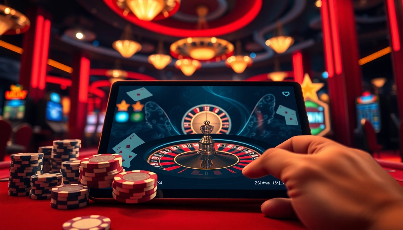 Experience the excitement of thabet web with a vibrant online casino interface featuring poker chips and roulette wheel.