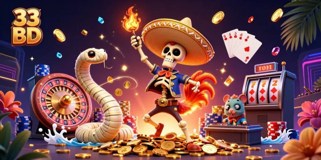 Engage with the vibrant 33 BD casino scene featuring a festive skeleton rooster, golden coins, and thrilling game elements.
