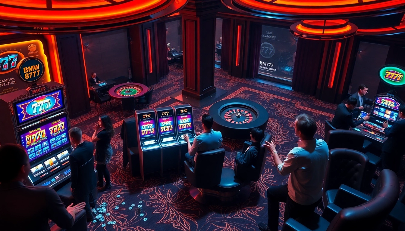Bmw777 players engaging in vibrant slot machine games in an elegant casino setting.
