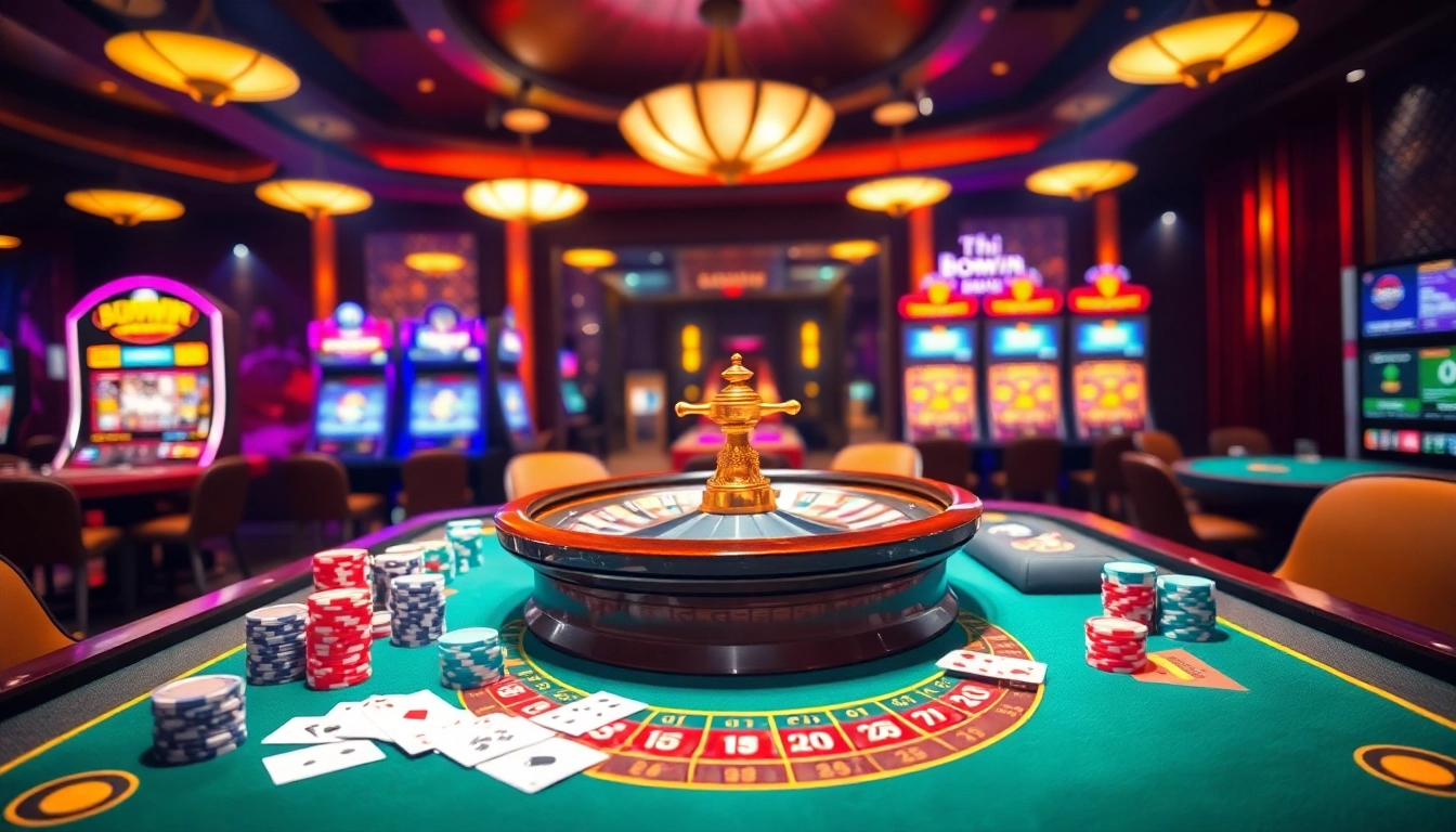 Tải Bomwin to experience excitement at a professional casino table with poker chips and roulette.