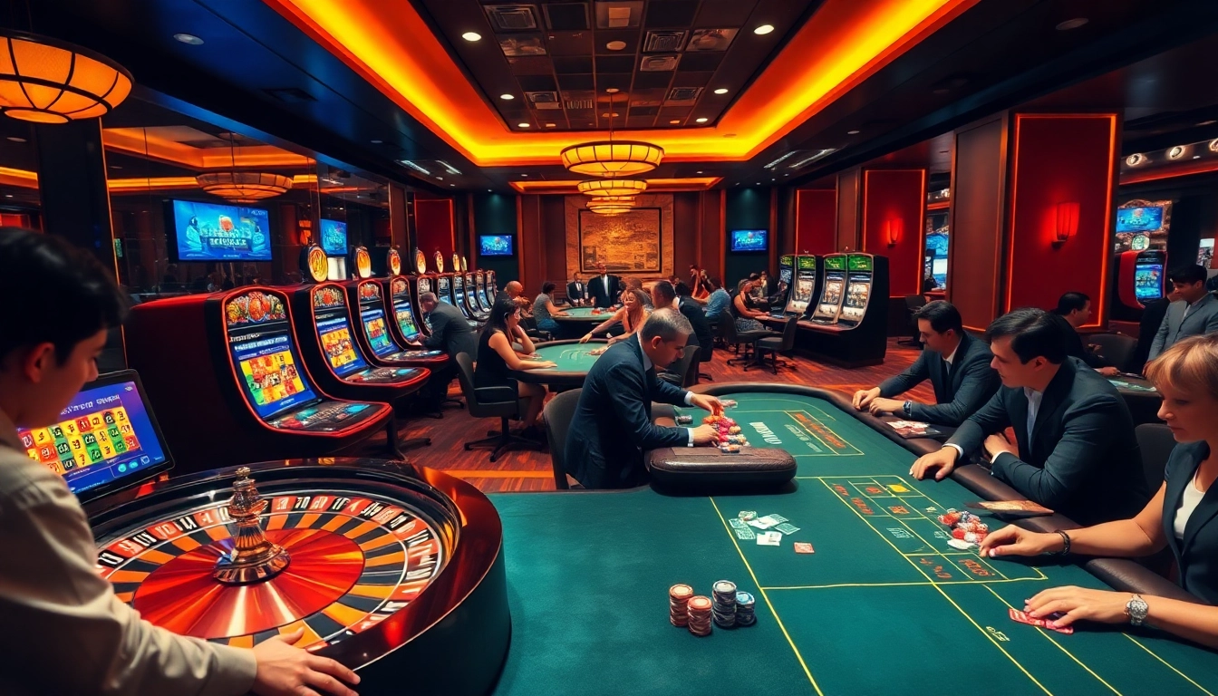 An engaging gambling scene at https://g28.tech/ featuring vibrant casino tables, players enjoying poker, and digital betting interfaces.