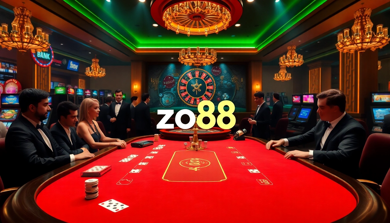 Experience the excitement at zo88's luxurious poker table, showcasing vibrant chips and cards in a lively casino.