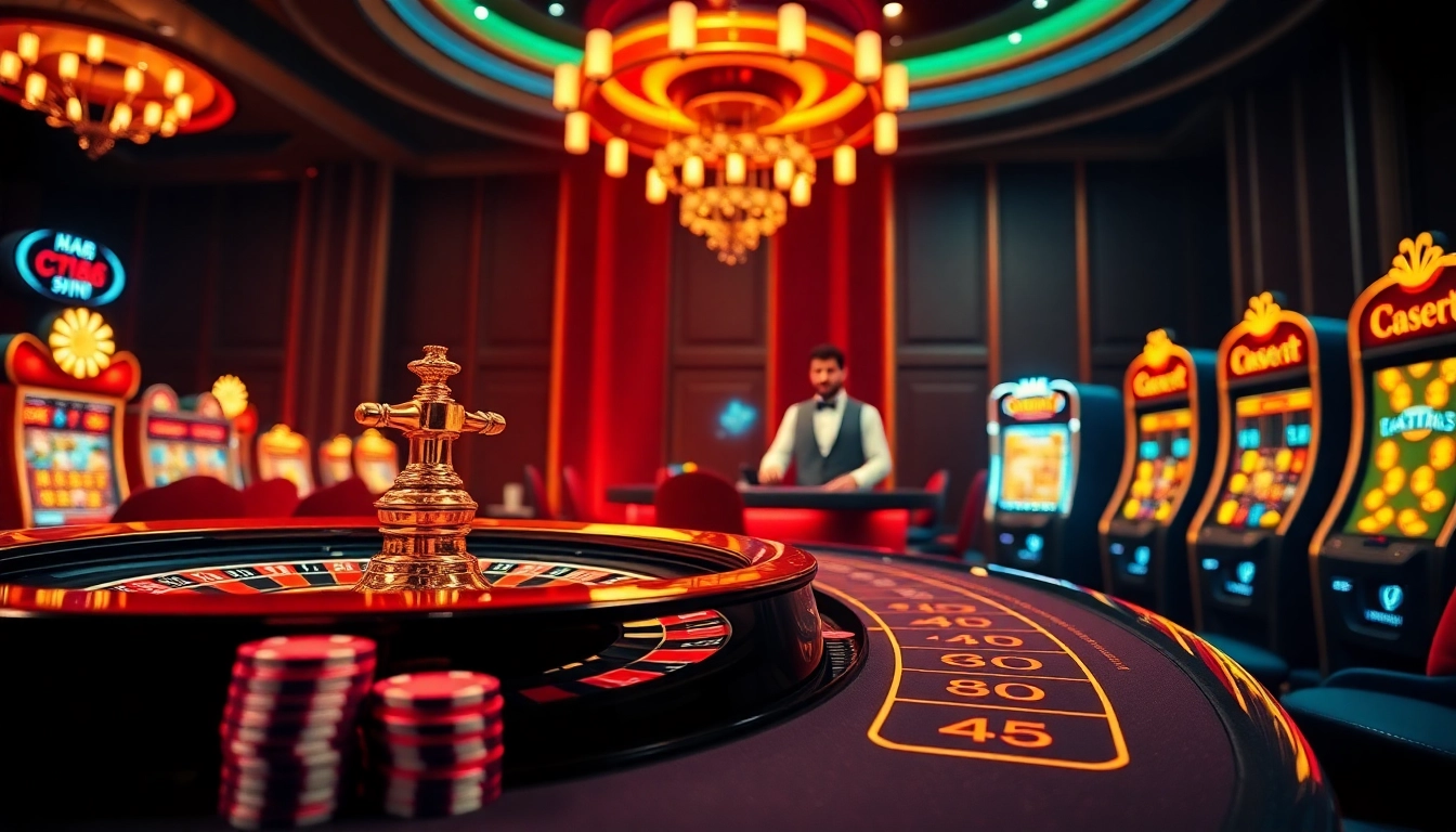 Engage in thrilling online gambling at https://c168game.com/ featuring vibrant slot machines and a roulette wheel.