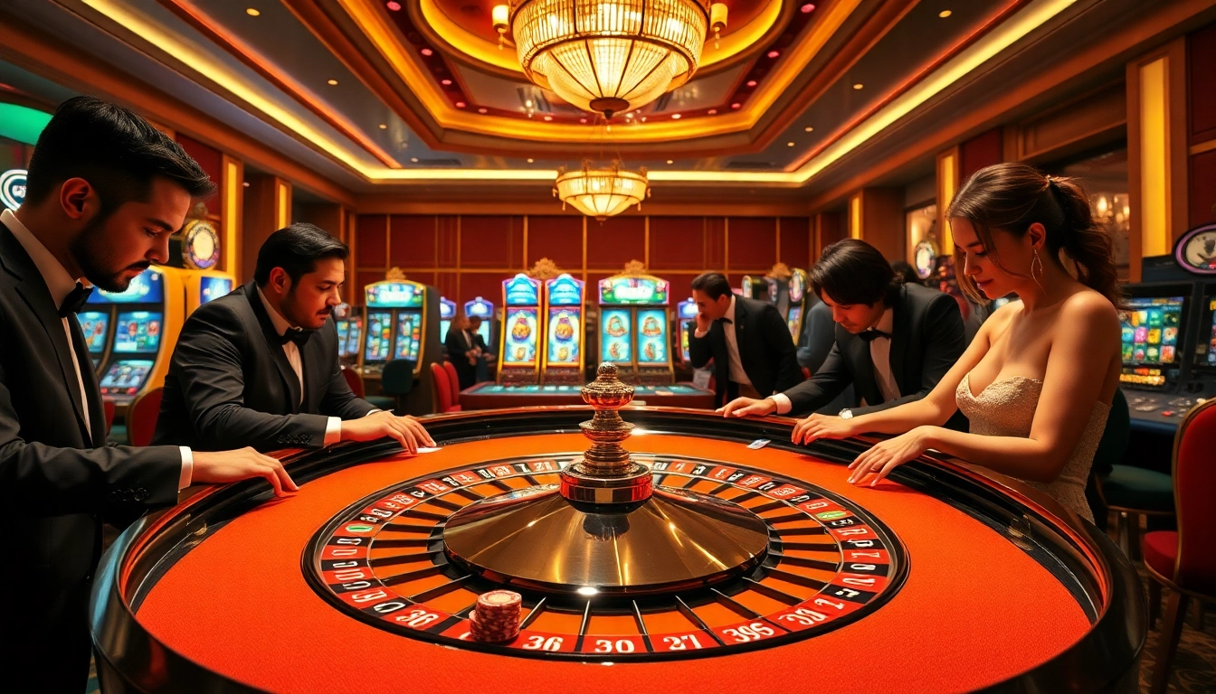 Luck8 players engaging passionately at a vibrant roulette table in a luxurious casino setting.