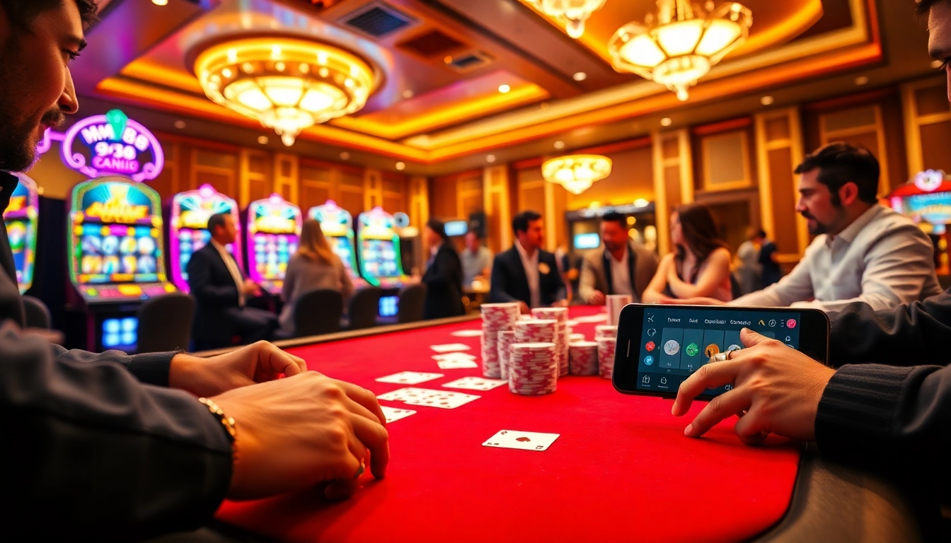 Engaging casino scene featuring MM88 poker action with dealers and players in a vibrant setting.