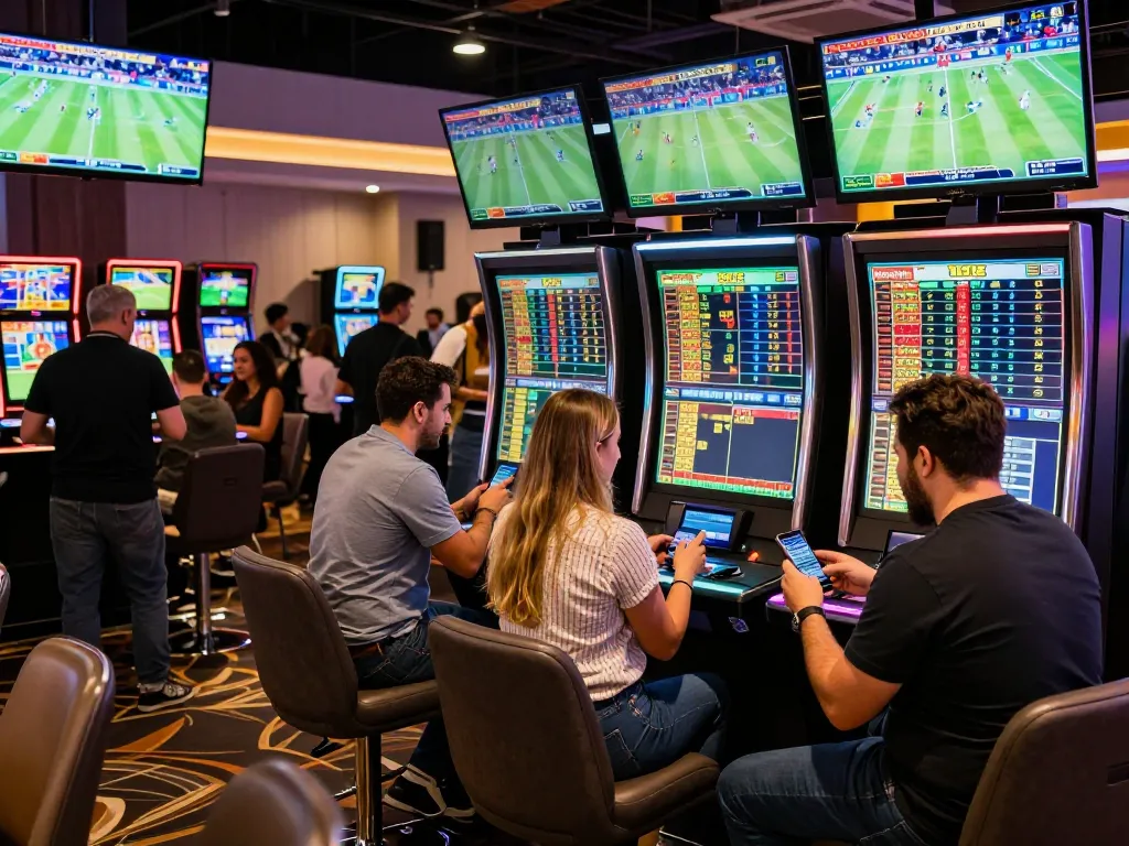 Engaged bettors using smartphones to place bets on rokok 88 sports events at a busy casino.