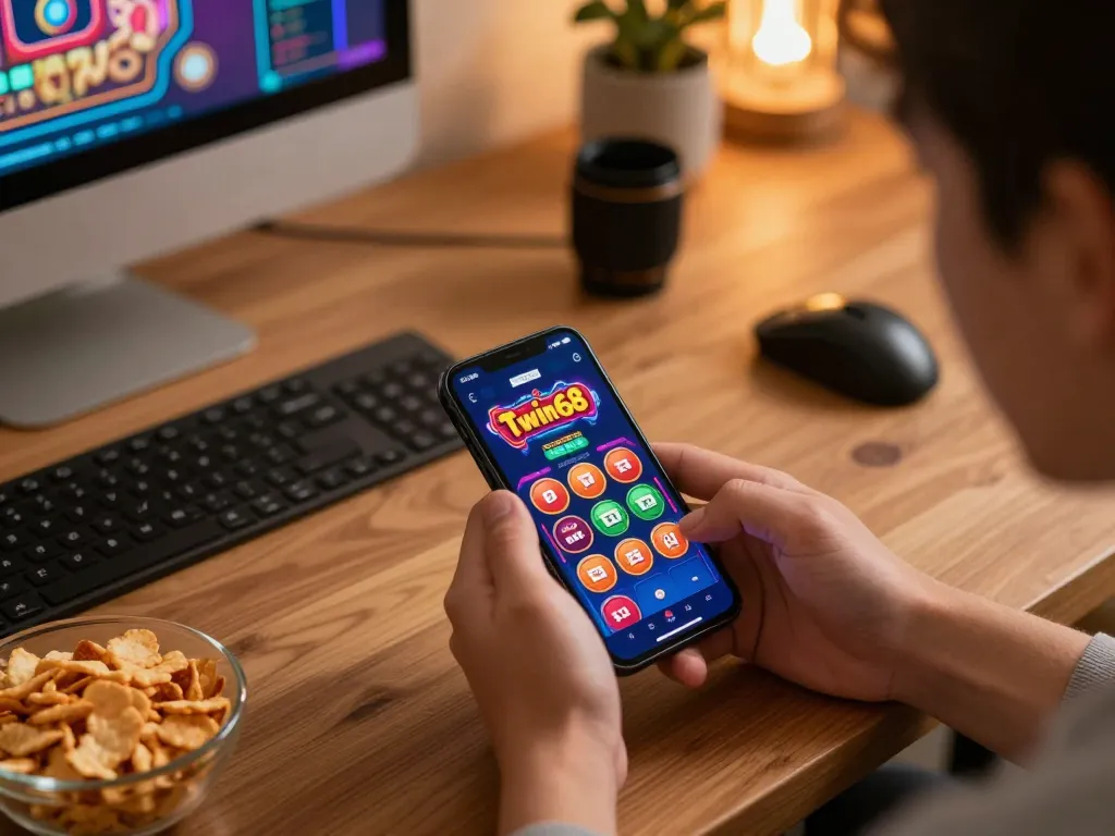 Twin68 app showcased on smartphone during an engaging online gaming session at home, capturing a cozy atmosphere.