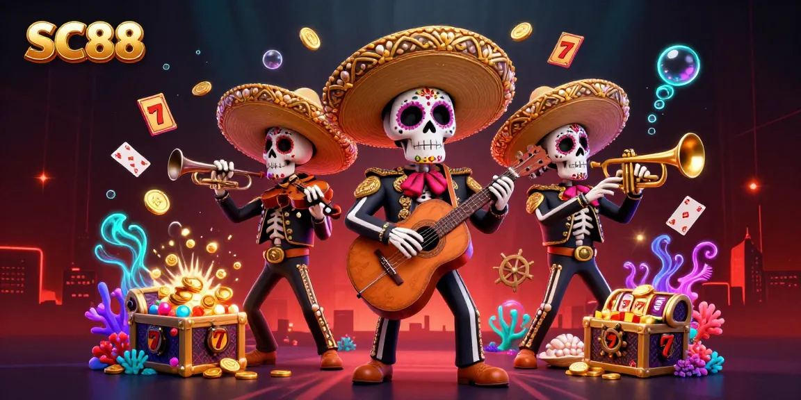 Engage with SC88's vibrant casino experience featuring mariachi skeletons amidst jackpot slots and ocean treasures.