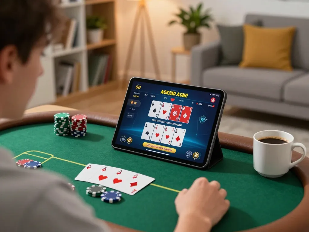 Play poker online with lc88 on a tablet while enjoying a cozy living room atmosphere.
