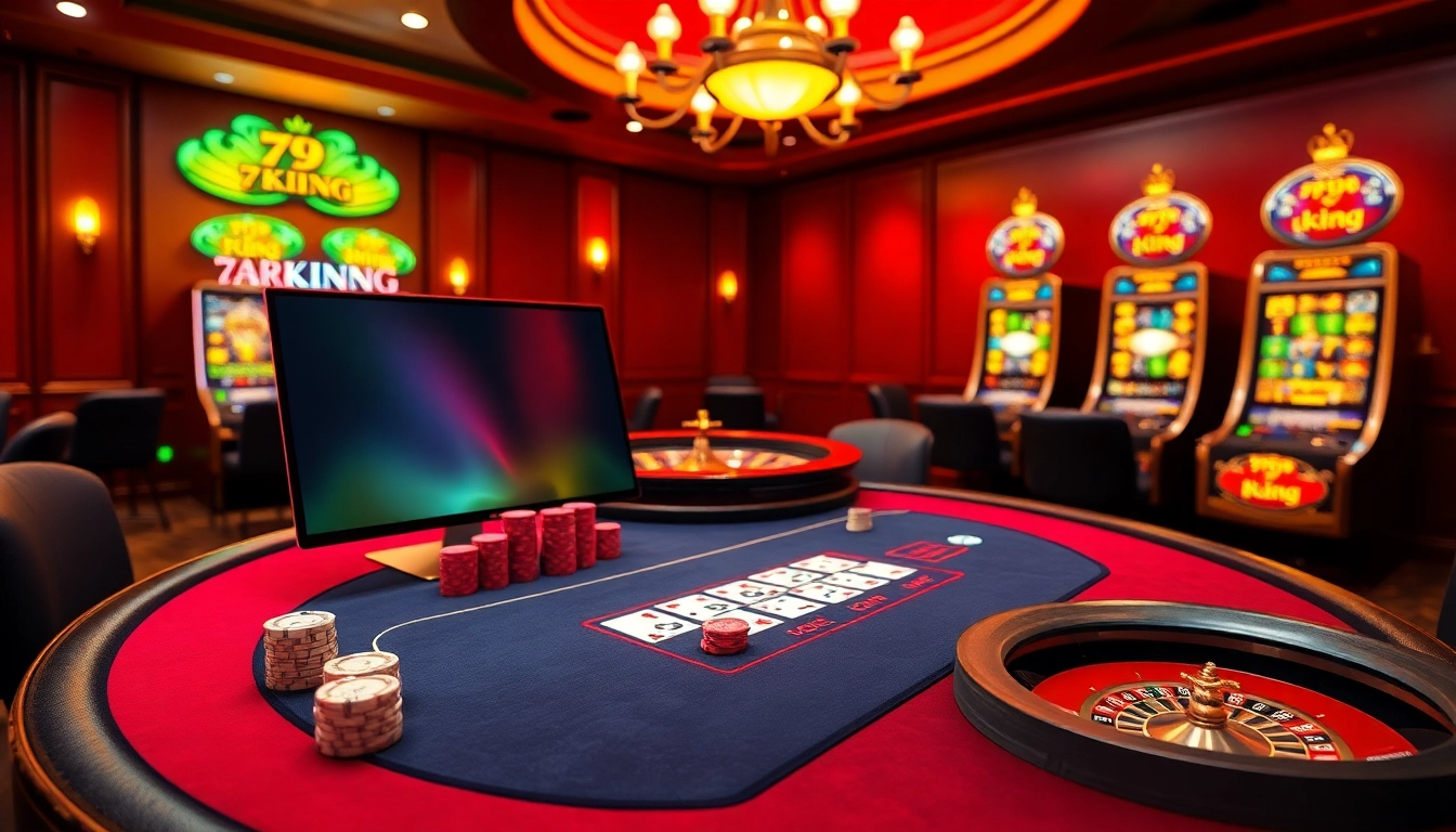 Experience the thrill of winning at 79KING with vibrant casino tables and luxurious gaming elements.
