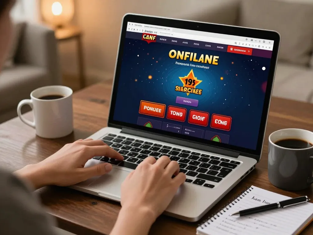 Engaging online gaming session at https://92slot.net/ with a laptop displaying casino games and strategic notes.