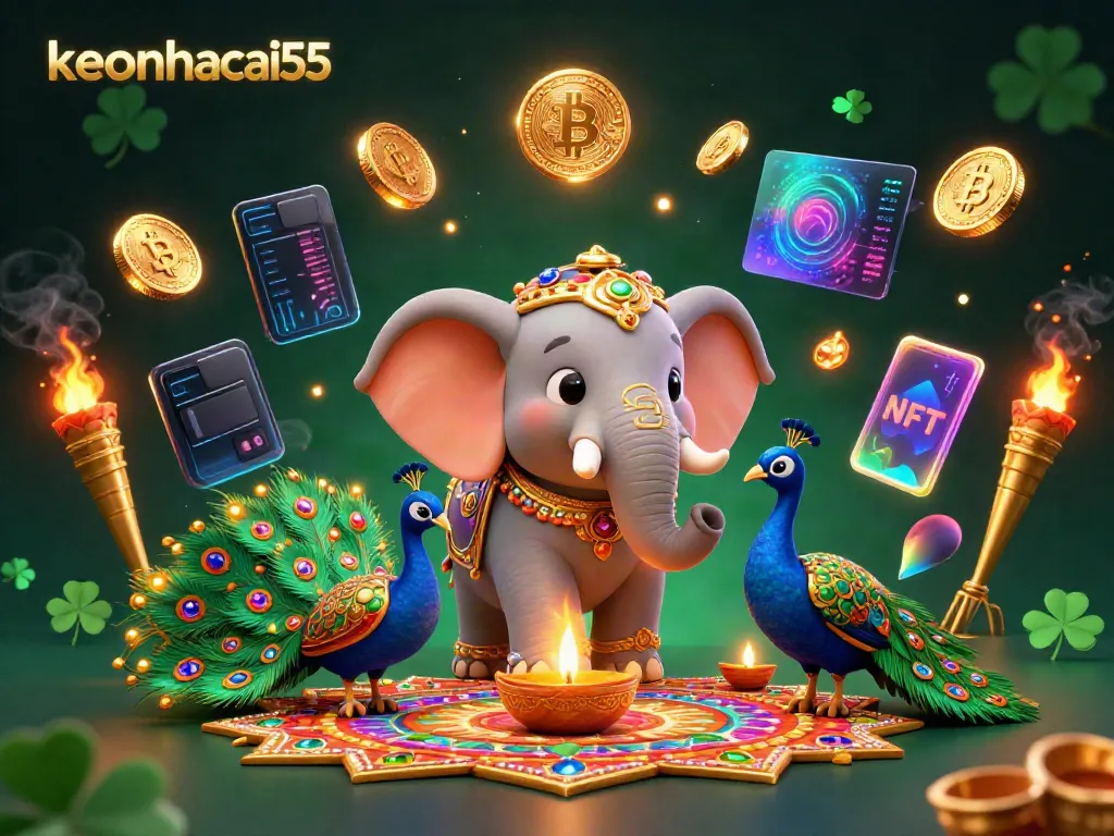 Engage with keonhacai55 as the cartoon elephant symbolizes thriving in the gambling world surrounded by animated cryptocurrency coins.