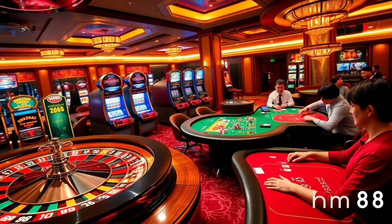 Experience the excitement of gambling with hm88 at a vibrant casino full of roulette wheels and eager players.