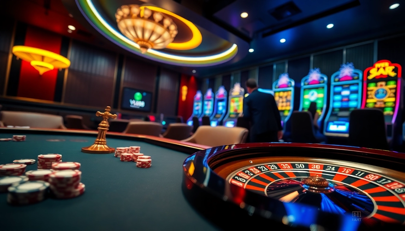 Experience the thrill of online gambling with a vibrant casino scene at https://vu88.art/ featuring poker tables and roulette wheels.