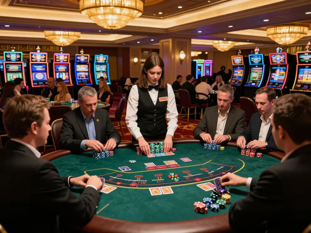 Engaged players strategizing at a blackjack table while experiencing debet betting action within a luxury casino setting