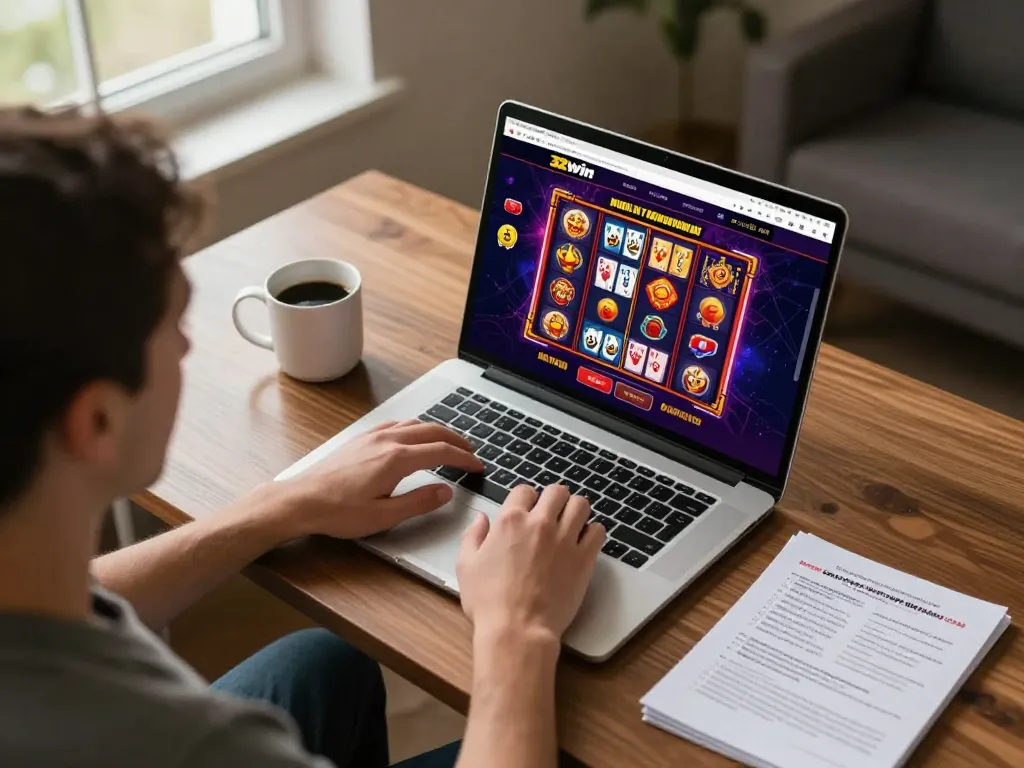 Gambler engaging with 32win's website showcasing vibrant slot and card games