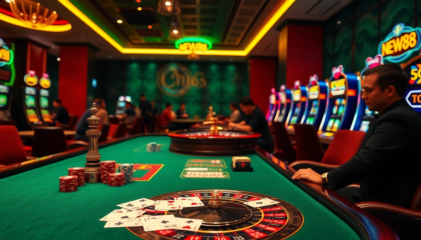Experience the thrill of gaming with NEW88 at a luxurious casino featuring poker tables, roulette wheels, and excited players.