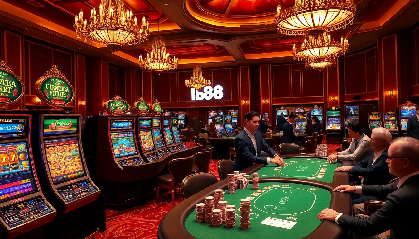 Players enjoying exciting games at the hb88 casino with vibrant slot machines and poker tables.