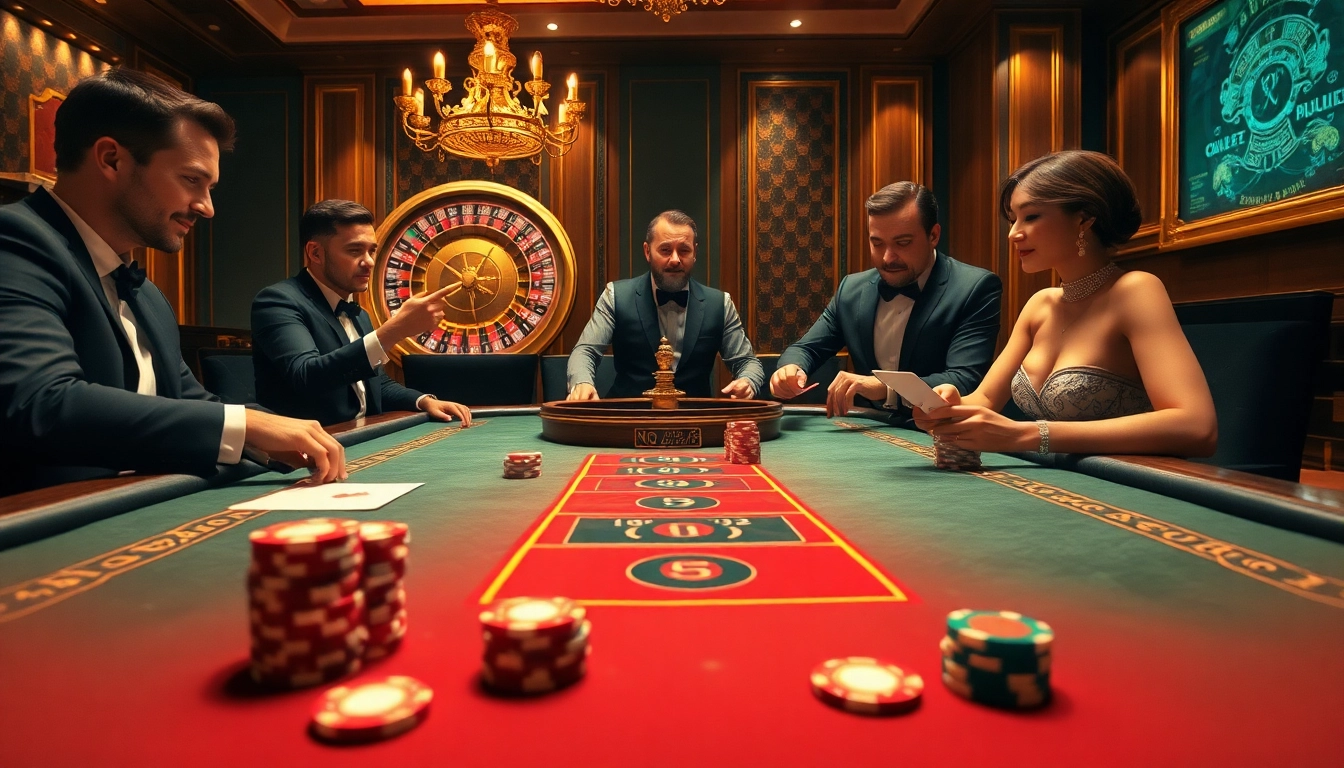 Engaging scene of players at a casino table showcasing nohu90's thrilling gambling experience.