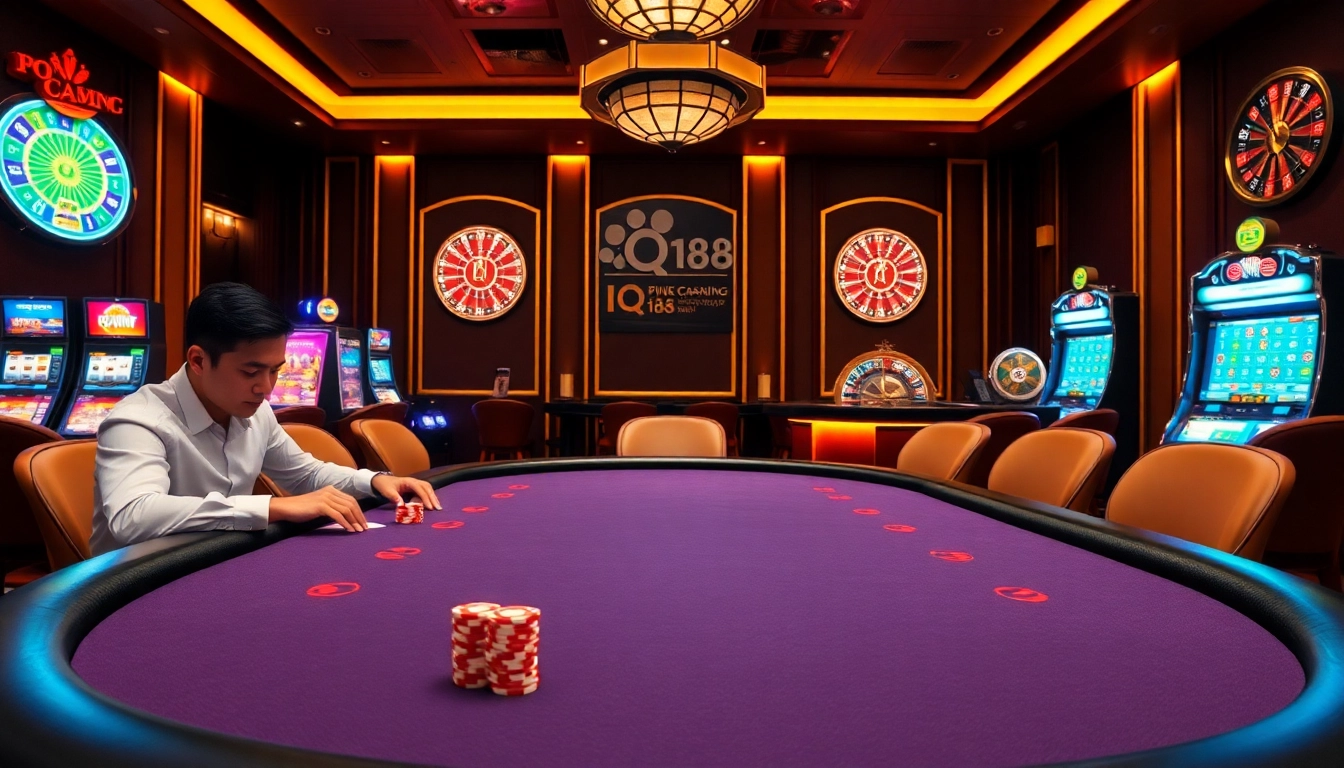 Experience the excitement of iq88 with a luxurious casino scene featuring poker tables and vibrant games.