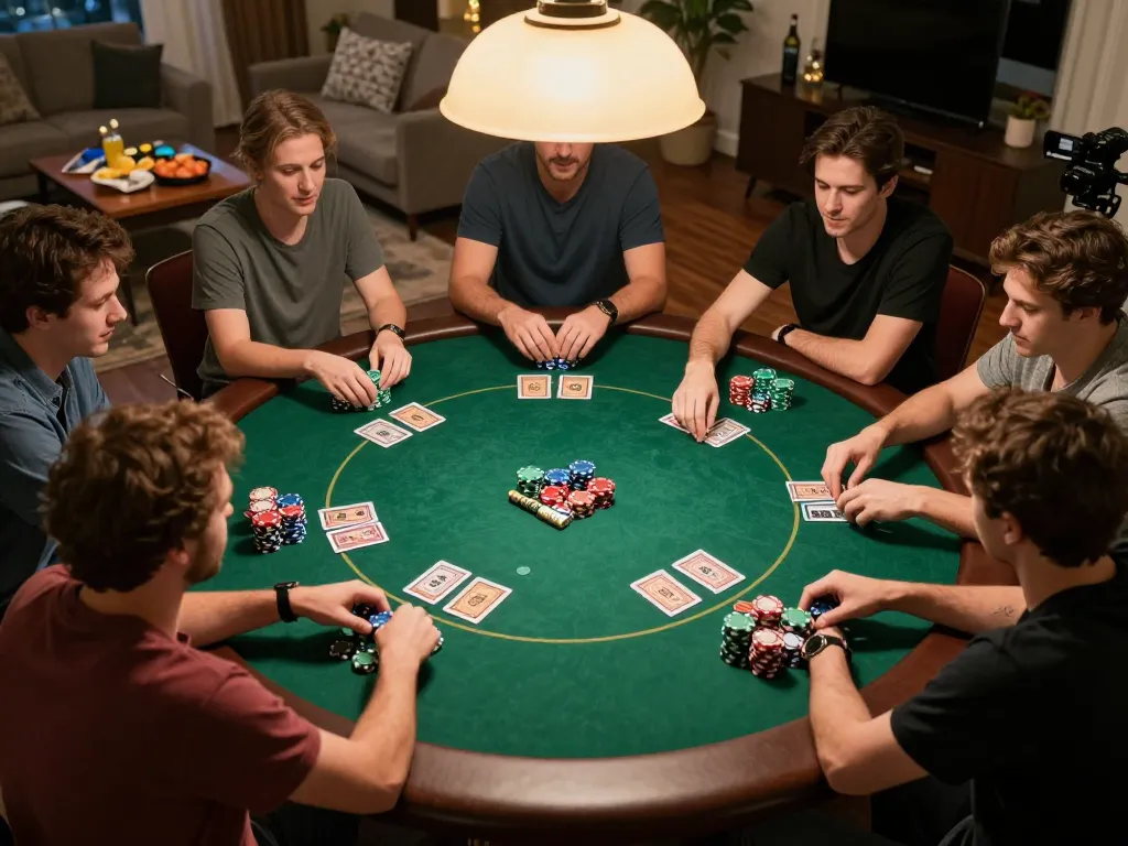 Kuwin players strategizing at a competitive poker game in a cozy home atmosphere.