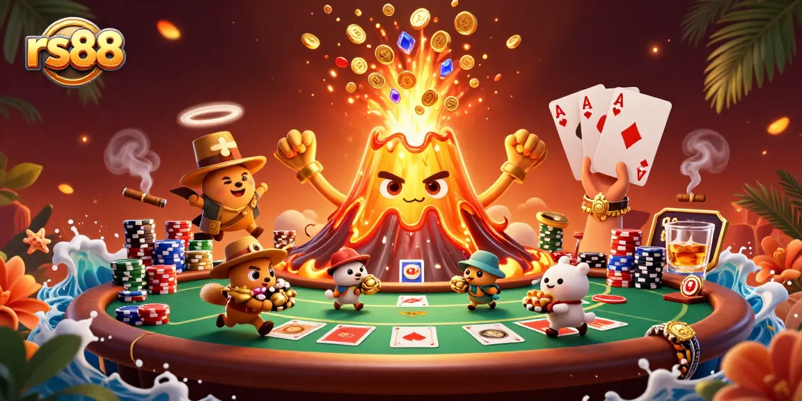 Experience the vibrant excitement with rs88, featuring a golden volcano and treasure in a casino setting.