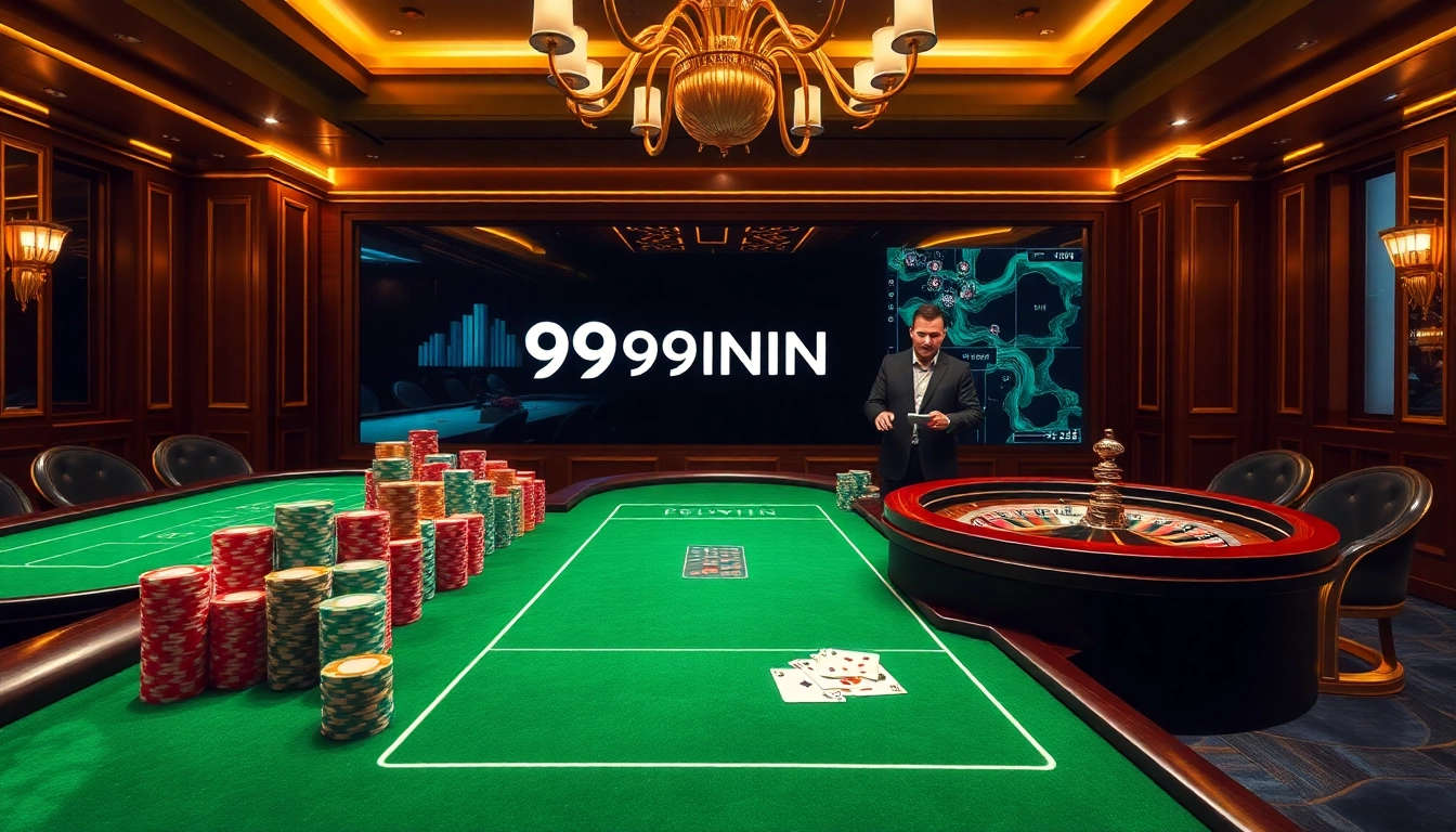 Exciting gambling scene with 99WIN logo, poker chips, and luxurious casino tables.
