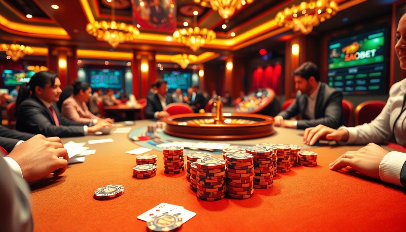 SAOBET players enjoying a high-stakes poker game at a luxurious casino table.