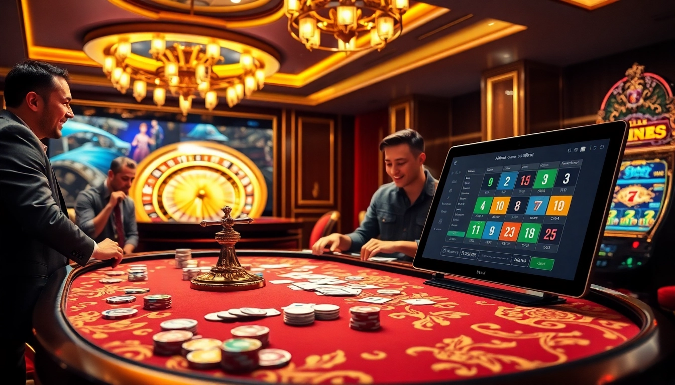 Experience the thrill of high-stakes gambling at https://af88.bid/ featuring luxurious casino elements like tables, roulette, and vibrant slot machines.