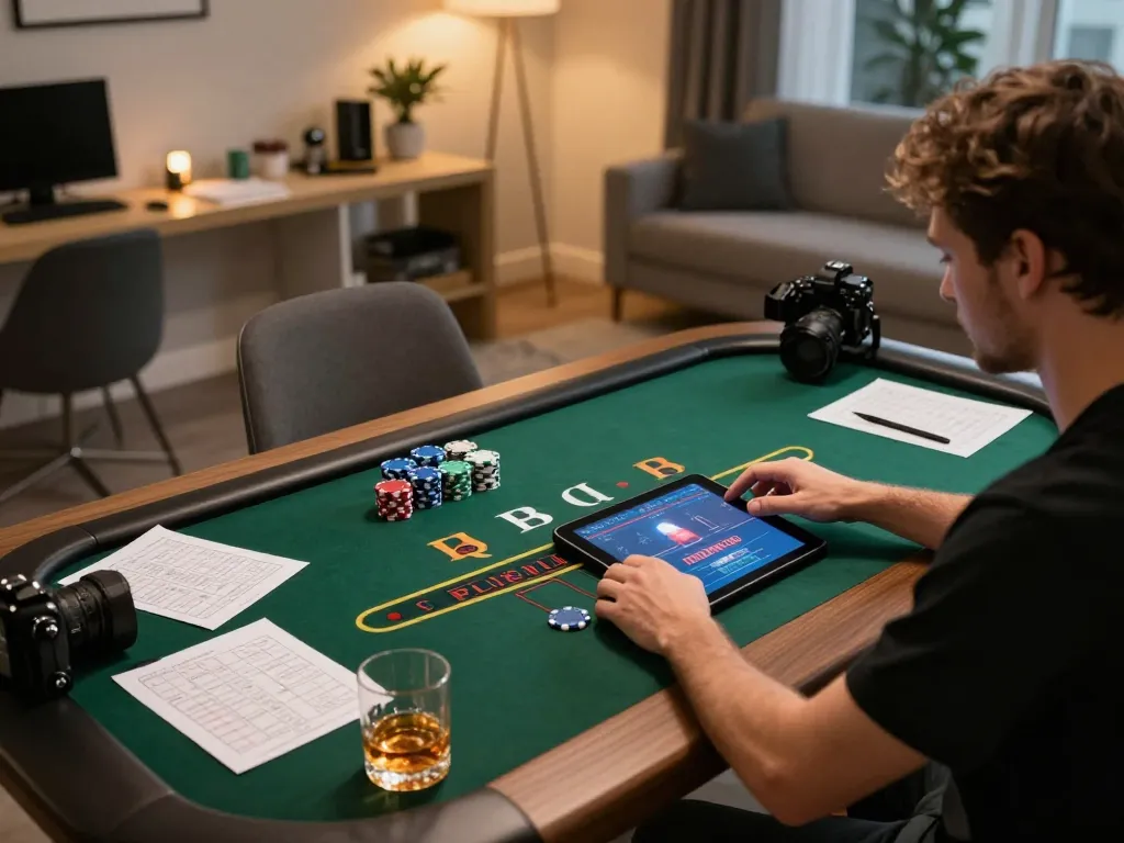 LC88 player strategizing during live dealer blackjack session in a cozy home office